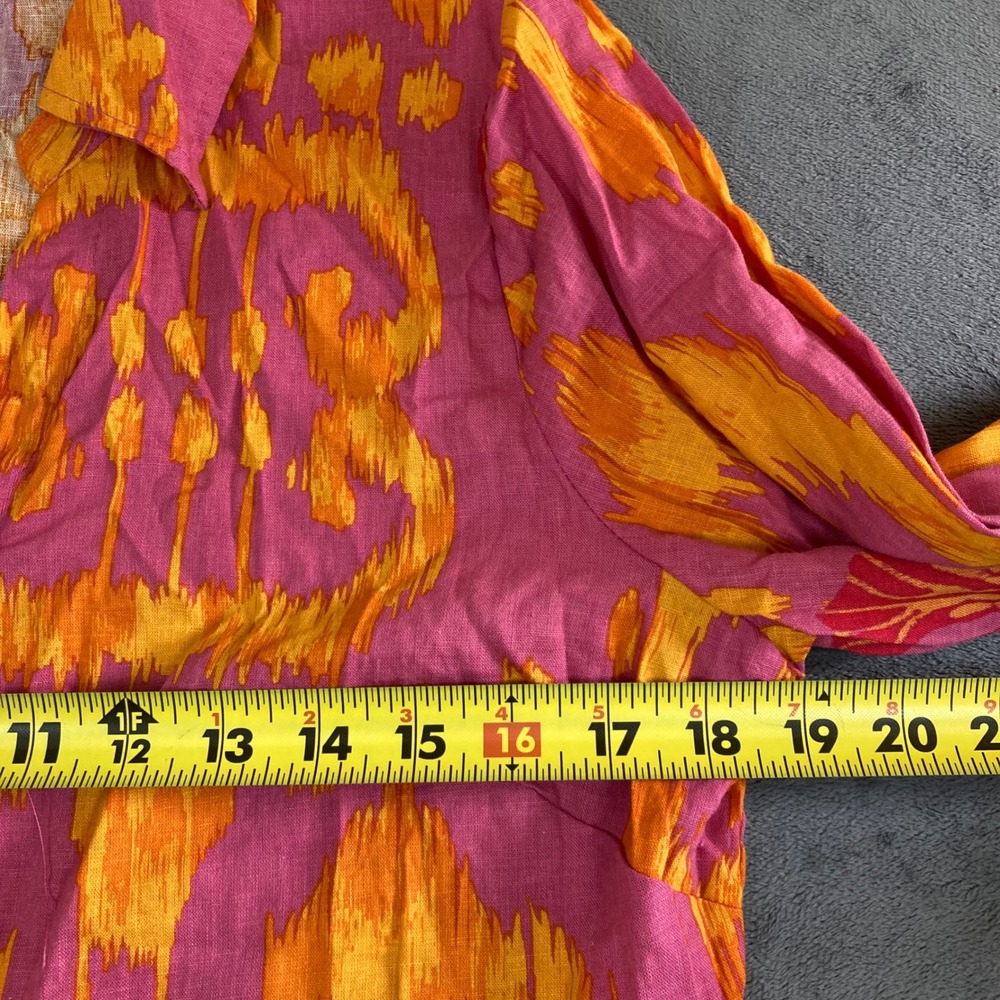 Christian Siriano New York Pink Orange Ikat Floral Linen Blend Tie Front Top L - Picture 6 of 7